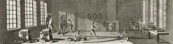 An illustration depicting people at work making pins